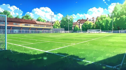 Empty Soccer Field with Goal Posts and Spectator Stands on a Sunny Day in Animated Style