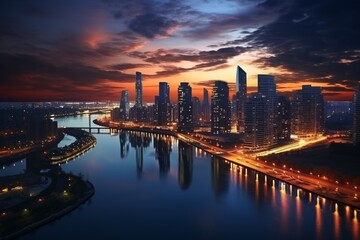 Fototapeta premium Cityscape at Dusk: A breathtaking aerial view captures a modern cityscape at dusk, with skyscrapers reflecting in a calm river. The fiery sunset casts a dramatic glow on the urban landscape.