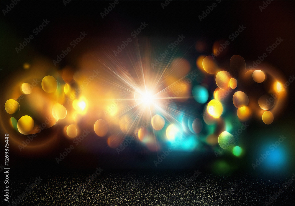 Poster Abstract blurred background with bokeh lights and sparkling glitter at the bottom.