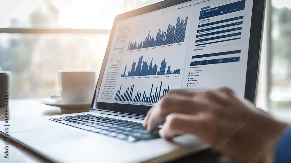 Poster business analyst working on a computer with interactive data dashboard for data management, customer