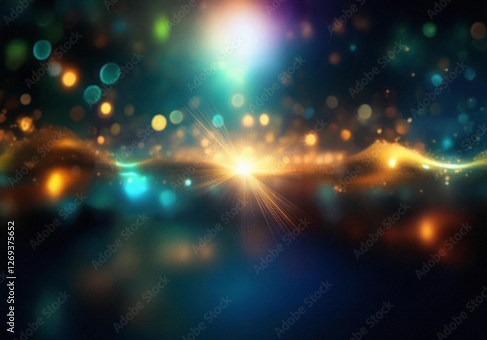 Poster A dark blue background with a wave of golden light in the center and blurred bokeh lights.