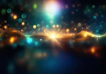 A dark blue background with a wave of golden light in the center and blurred bokeh lights.