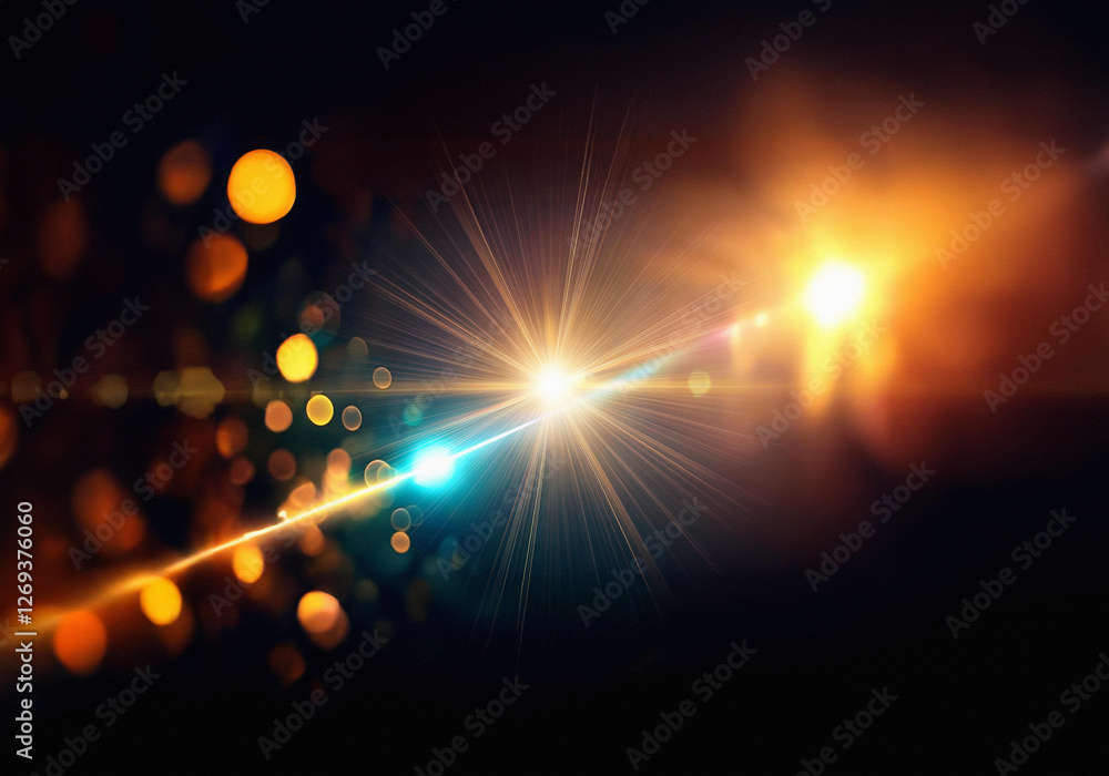 Poster abstract background with bright light rays and warm glow, blurred bokeh.