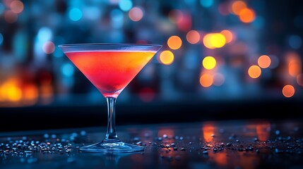 Neon lit cocktail glass in modern bar with vibrant colors and soft bokeh lights