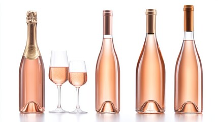 Set of Rose Wine Bottles and Glasses