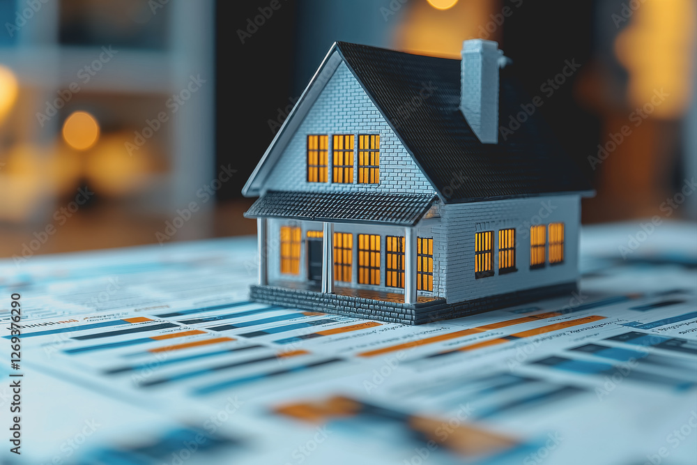 Poster house model on blueprint with surrounding architectural design elements in background