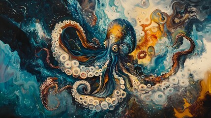 Mesmerizing Surreal Octopus with Intricate Swirling Tentacles in Vibrant Oil Painting
