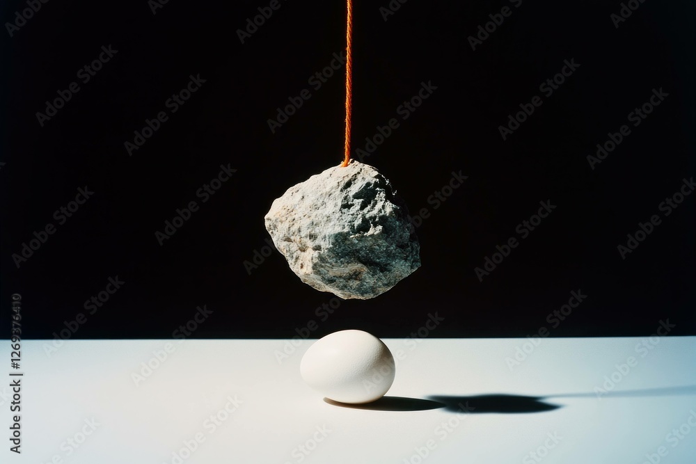 Poster a symbolic representation of balance between stability and fragility, featuring a hanging rock and a