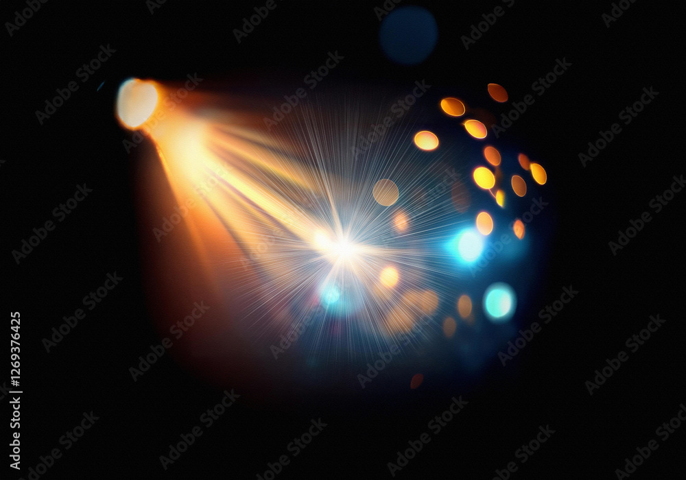 Aufkleber a spotlight shines brightly in the dark, illuminating the background with warm and cool-toned bokeh.
