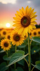 Fototapeta premium Sunflowers swaying in the gentle evening breeze, sunset, sunflower