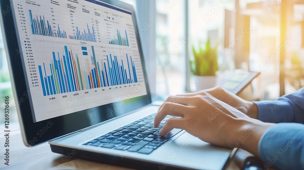 Poster business analyst working on a computer with interactive data dashboard for data management, customer