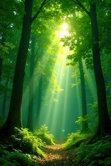 Obraz premium Sunlight filtering through dense forest canopy, natural, canopy, greenery