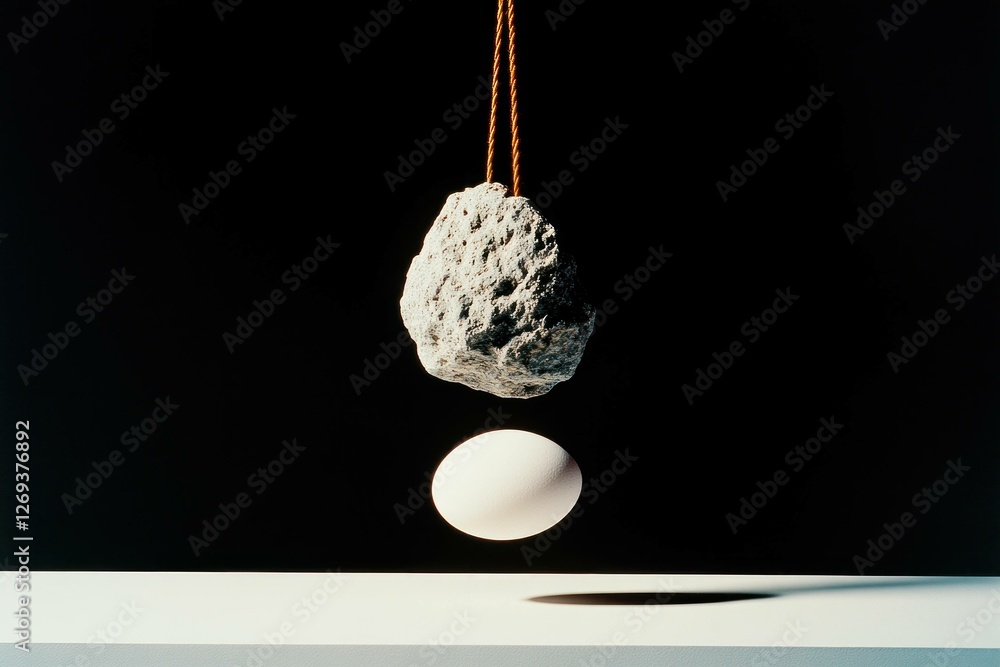 Poster conceptual art showing a rock hanging over an egg, representing the tension between strength and fra