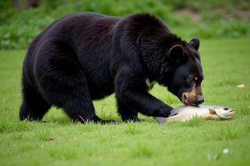 Fototapeta premium Black bear eating fish in lush green surroundings showcases wildlife activity. Concept highlights black bear eating fish, illustrating nature's raw beauty and instinctive behaviors.