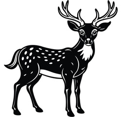 Adorable fawn-spotted reindeer black and white graphic image silhouette isolared vector design drawing style with a white background 