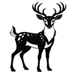 Adorable fawn-spotted reindeer black and white graphic image silhouette isolared vector design drawing style with a white background 