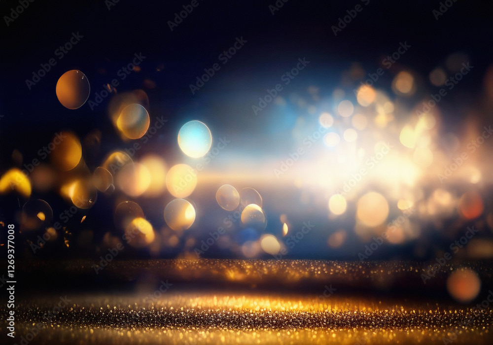 Poster A dark background with a layer of sparkling gold glitter in the foreground, illuminated by blurred lights.