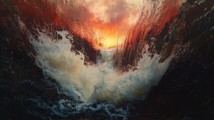 Naklejka premium Fiery sunset ocean wave crash, fantasy art