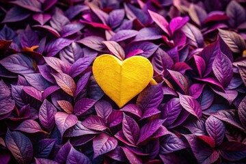 Obraz premium Whimsical Valentine's Day Heart: Purple & Yellow Paper on Lush Leaves