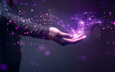 A person holding out their hand, with digital connections and data flowing from it to the right of them in purple tones 