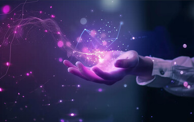 A person holding out their hand, with digital connections and data flowing from it to the right of them in purple tones 