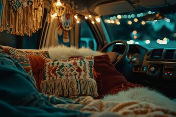 Cozy Van Interior with Textiles and Warm Lighting at Night
