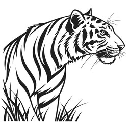 Simple majestic royal ferocious angry wild tiger body, face, mascot logo, crown symbol, black and white symbol design, elegant logo, premium luxury brand identity icon silhouette vector image.