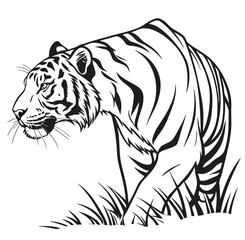 Simple majestic royal ferocious angry wild tiger body, face, mascot logo, crown symbol, black and white symbol design, elegant logo, premium luxury brand identity icon silhouette vector image.