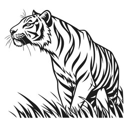 Simple majestic royal ferocious angry wild tiger body, face, mascot logo, crown symbol, black and white symbol design, elegant logo, premium luxury brand identity icon silhouette vector image.