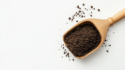 Wooden Soil Scoop with Fresh Soil on White Background Above