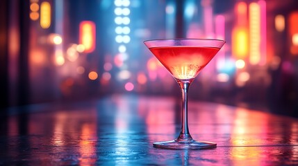 Stylish cocktail glass under dramatic neon lighting with vibrant reflections