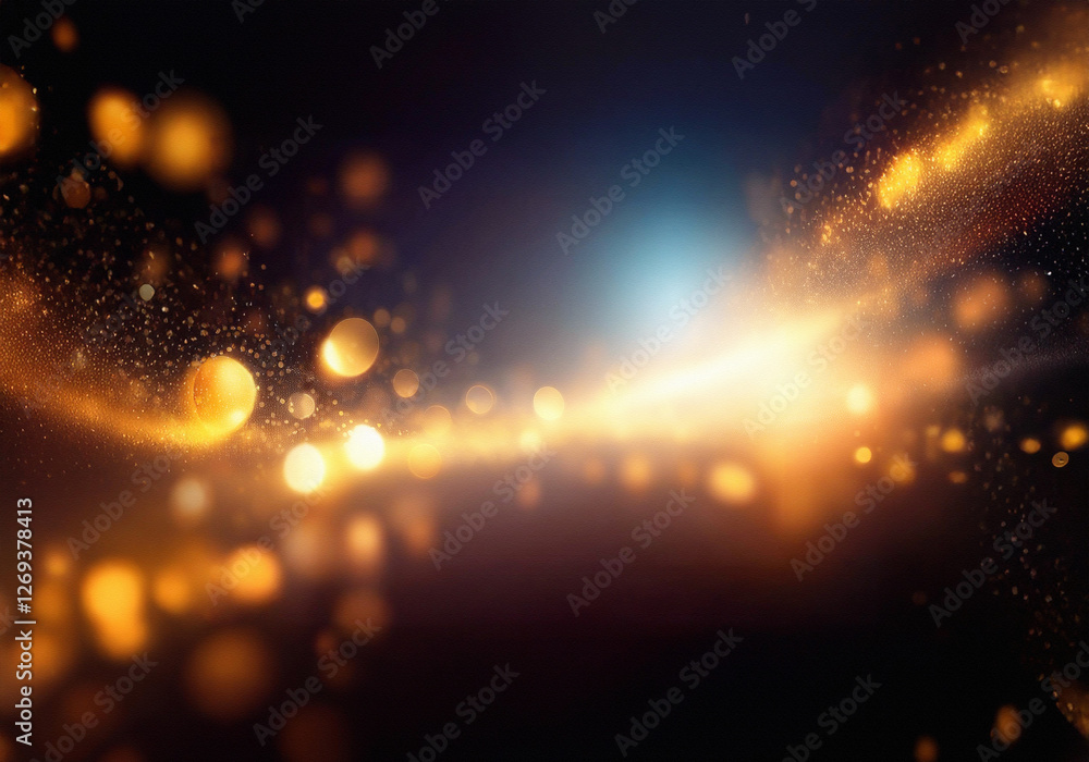 Poster abstract background of glowing gold particles and blurred lights.