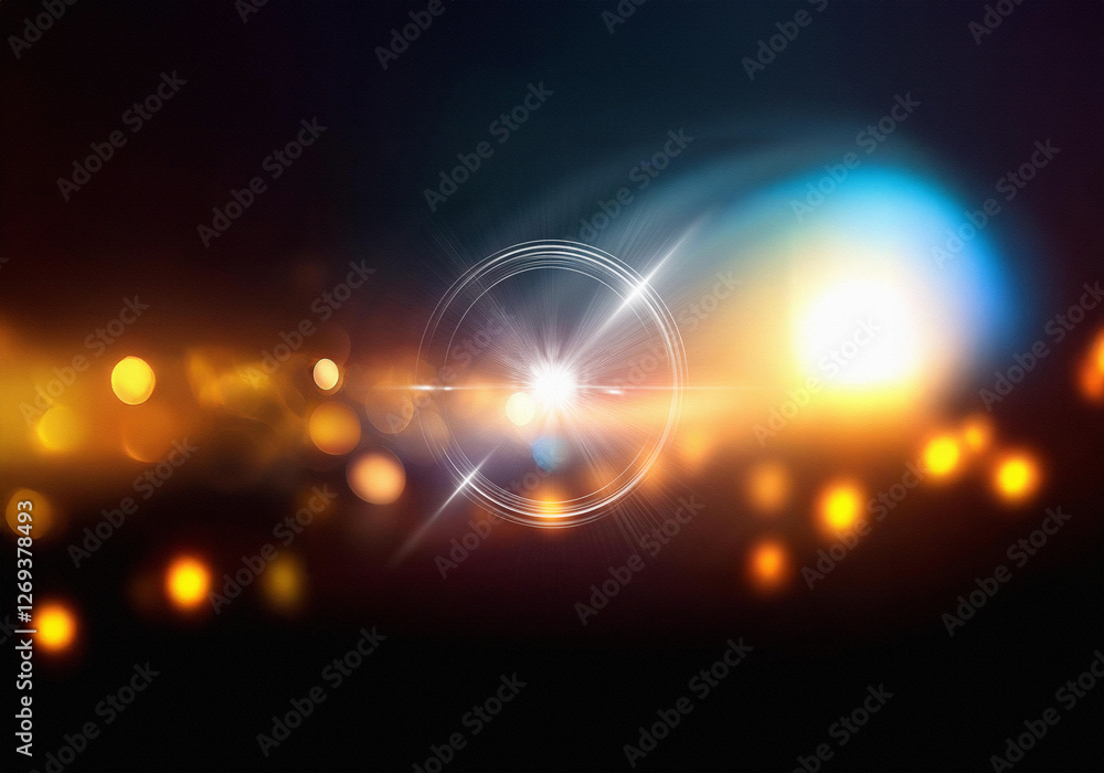 Poster Abstract bokeh background with bright light, blurred shapes and a dark background.