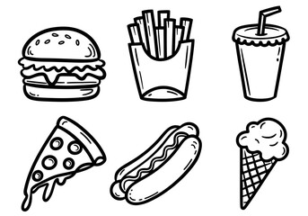 Fast food vector icons, sketchy doodle style, popular snacks, including burgers, fries, soda, pizza, hot dogs, and ice cream