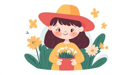 Cheerful girl in a yellow hat holding a pot of flowers in a lush garden setting