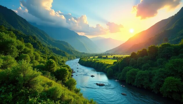 The Atun River valley with a sunny sky and lush vegetation, sun, colors