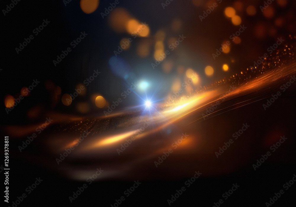 Poster a dark background with a glowing golden curve and bokeh lights.
