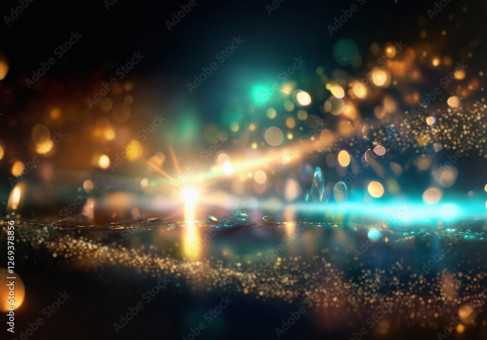 Poster A dark background with a curved line of glittering gold particles and a soft green glow, creating a luxurious and elegant feel.