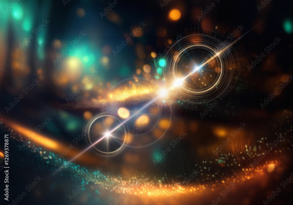 Poster two luminous orbs connected by a brilliant streak of light, surrounded by glowing rings against a da