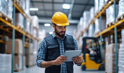 Warehouse worker using tablet, checking inventory