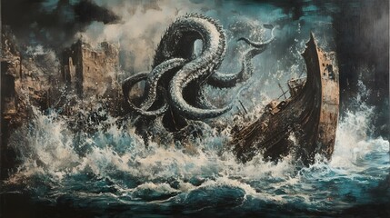 Surreal Kraken Wrapping Around Ancient Shipwreck in Dramatic Oceanic Composition