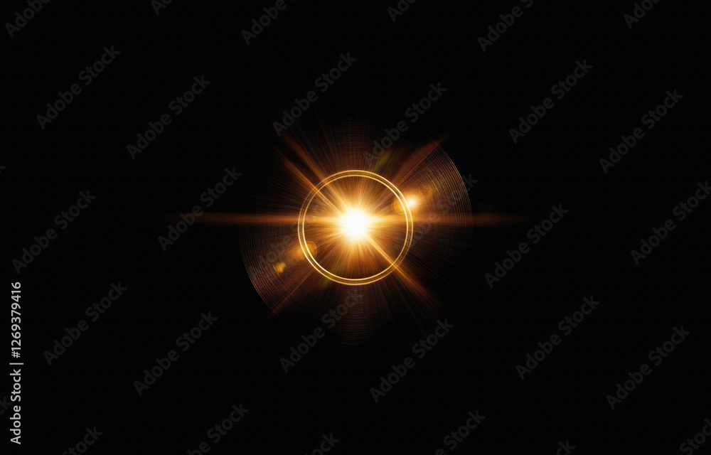 Poster a bright golden light bursts from a circular center, surrounded by radiating lines and subtle concen