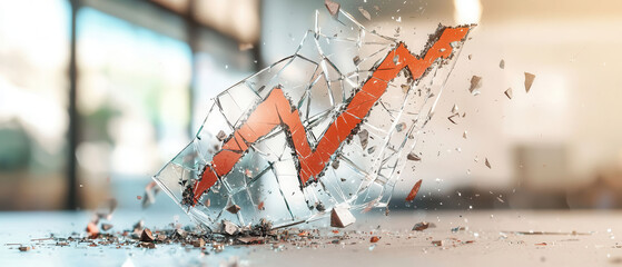 conceptual image of breaking glass chart with red upward trend line, symbolizing volatility