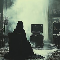 Figure Watching Old Television In Smoke Filled Room With Eerie Atmosphere And Haunting Feel
