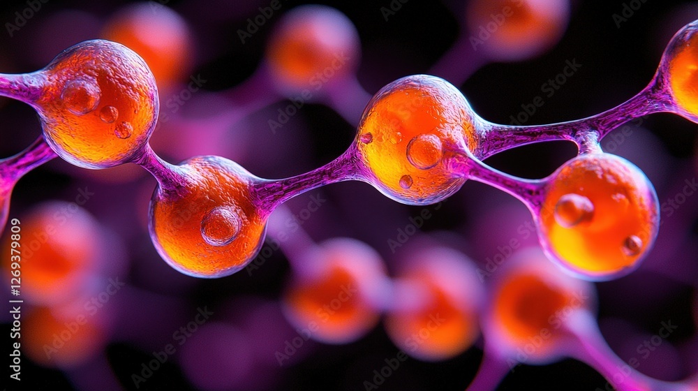 Poster closeup view of colorful cells in orange and purple tones under a microscope for science