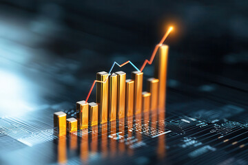 glowing bar chart with upward trend line represents financial growth