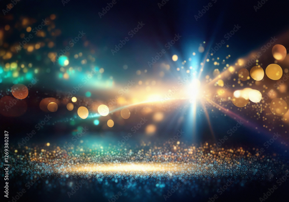 Poster sparkling glitter texture with blurred bokeh lights in blue and gold tones.
