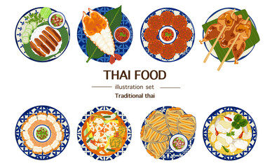 Set of traditional Thai food vector illustrations for meals and single dishes. Delicious food. Banner. Flat. Grilled chicken, grilled shrimp, fish cakes. Top view, menu, restaurant for food design.