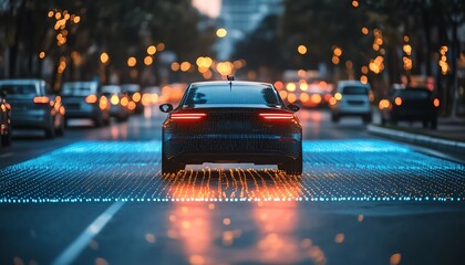 Autonomous vehicle scanning road hazards, AIdriven sensors, IoTbased realtime detection, futuristic road network, glowing radar beams, ultradetailed cyber interface, 8K