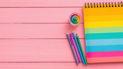 Obraz premium Transgender Day of Visibility concept. Colorful Flat Lay of Notebook Pens and Office Supplies on Pastel Background